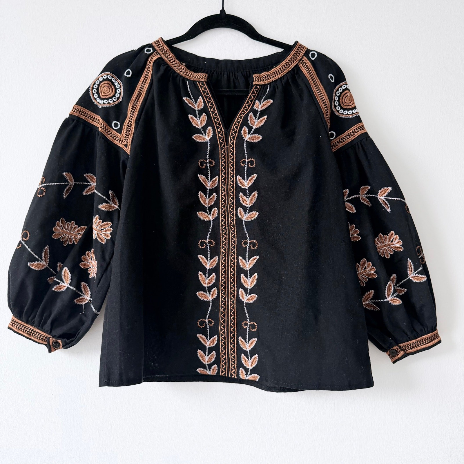 Black Embroidered Linen Blend Boho Top M