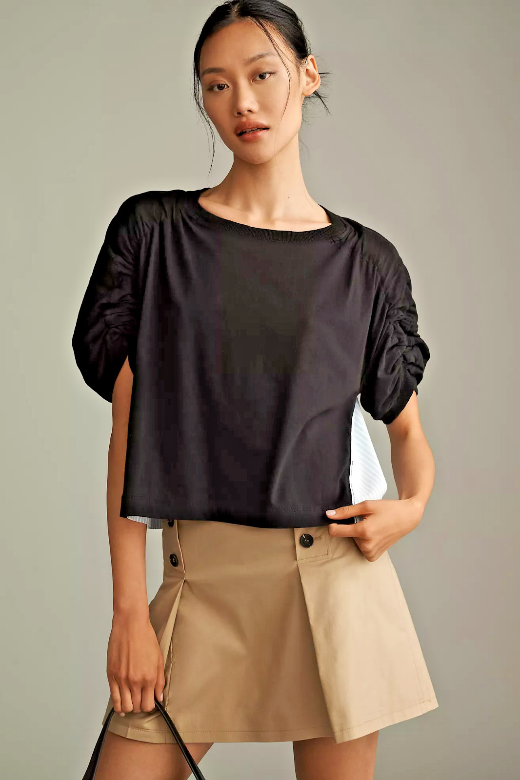 NWT ANTHROPOLOGIE MAEVE WOVEN & KNIT RUCHED-SLEEVE TWOFER TOP BLACK & STRIPE S