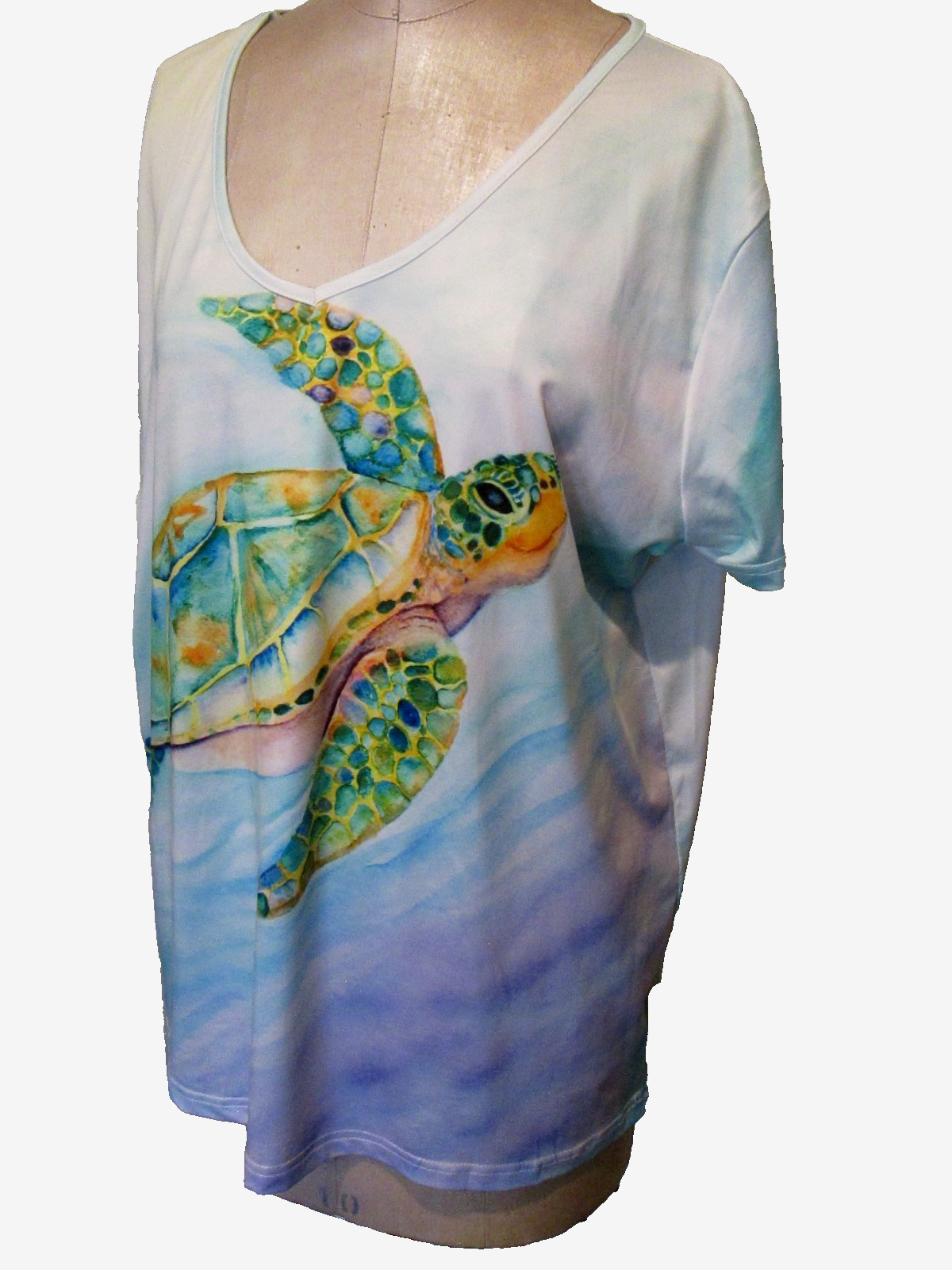 MISSLOOK SEA TURTLE PRINT S/S V-NK TOP SZ XXL EXC COND LIGHTWEIGHT COOL FABRI C