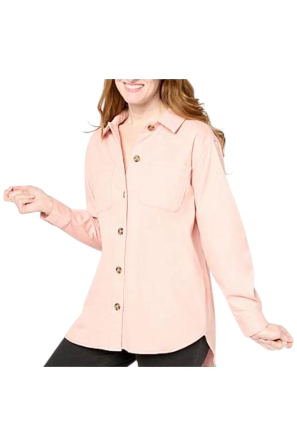 Nina Leonard Women’s Stretch Knit Denim Collared Shirt Blush