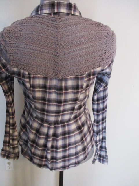 Free People FAB! Plaid Crochet Lace Insert Lower Peplum Shirt in Blue Plaid 2