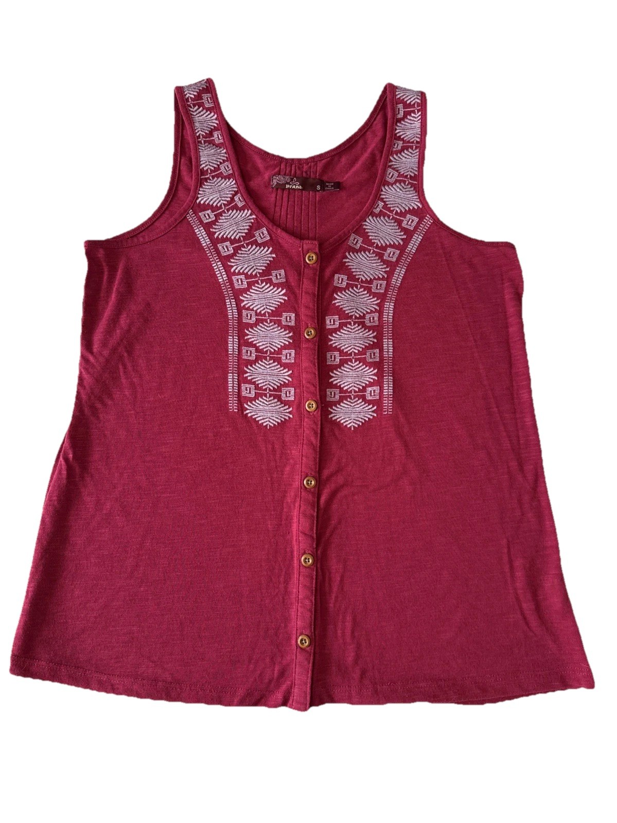 Prana Embroidered Button Front Pleated Tank Top Women’s S Relaxed Boho Festival