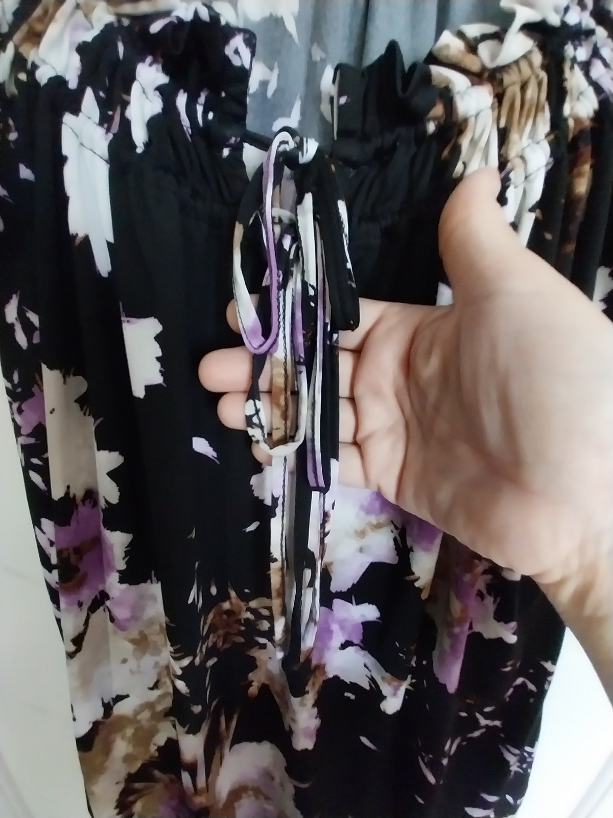 Worthington Stretch Womens Purple Black Floral Tunic Front Tie, Short Sleeve Med