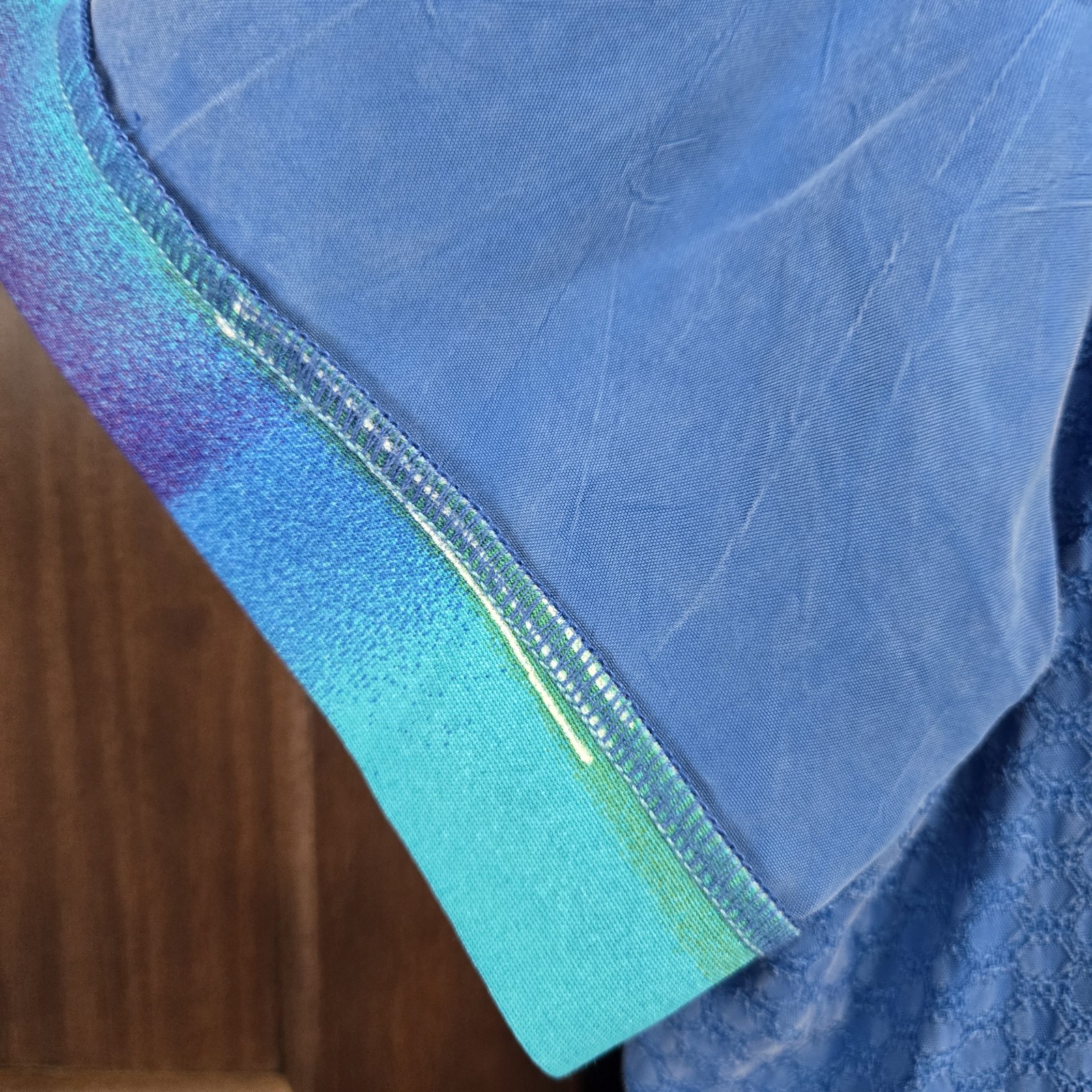Vtg Christina Hope Mixed Media Button Up Exposed Hem Patchwork Artstly Aqua Blue