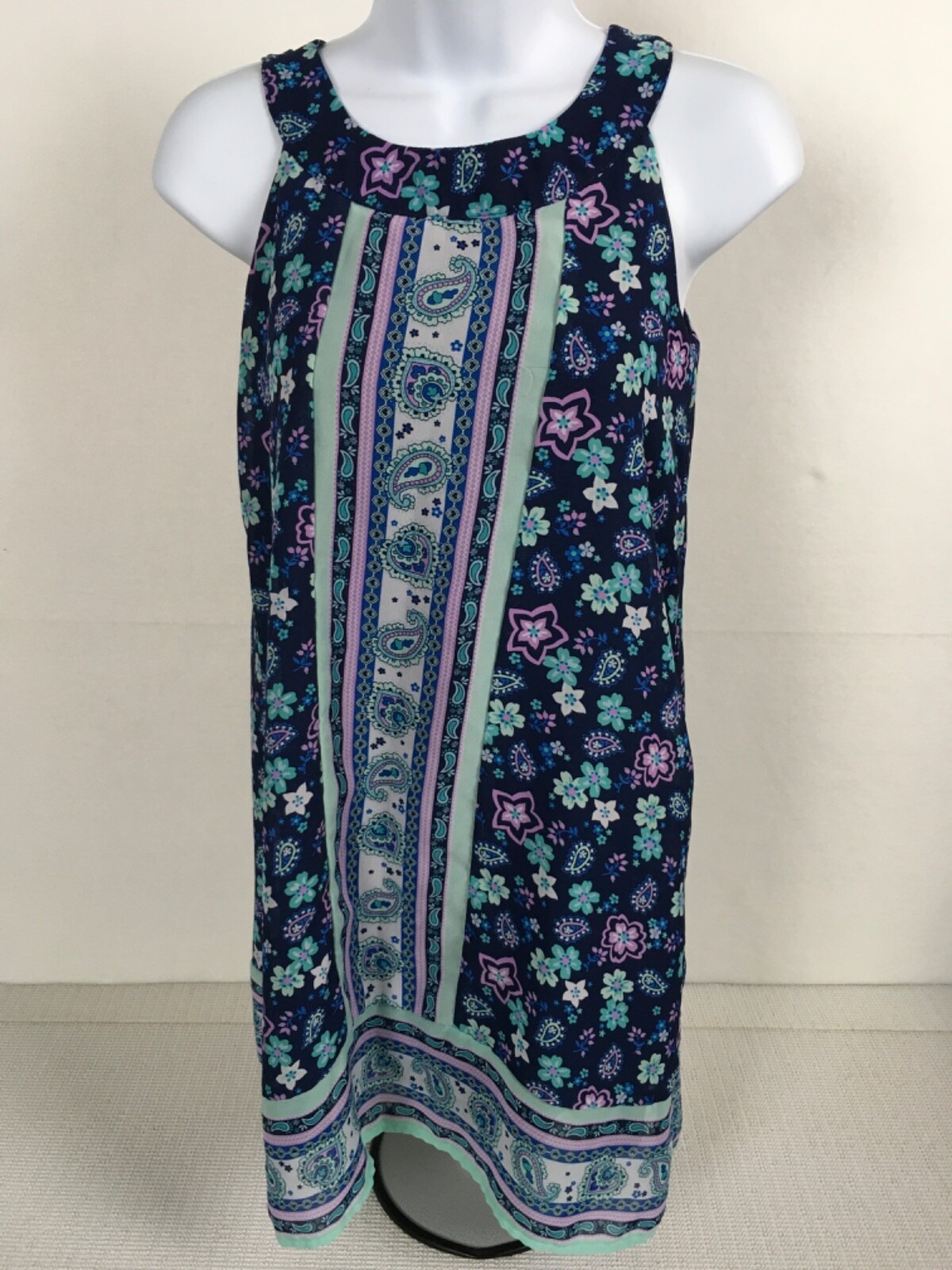 Wonder Nation Womens Tank Top Size L 10 12 Navy Blue w Pink Blue Flowers