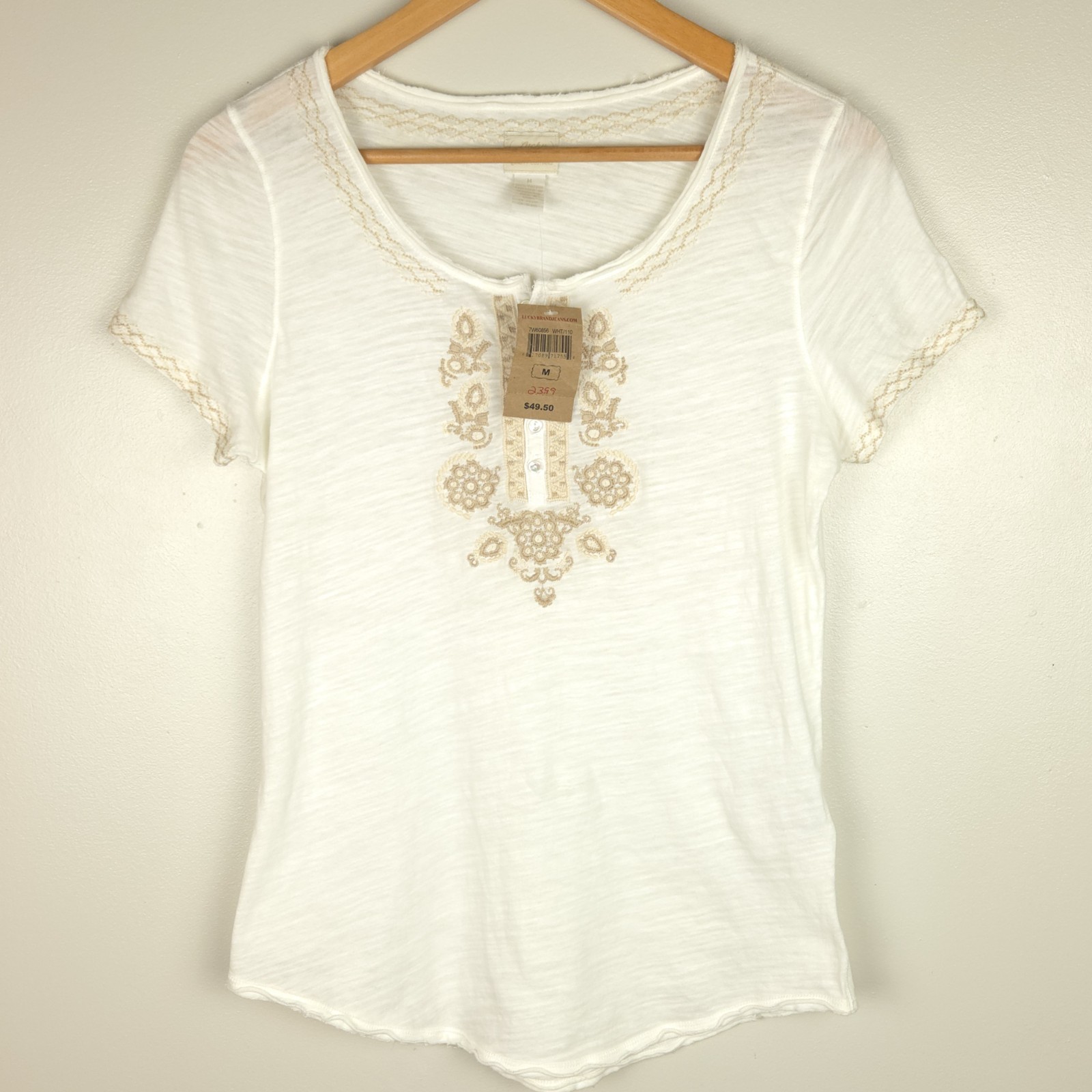 NWT Lucky Brand Knit Wear Top Women’s M White Embroidered Henley 100% Cotton