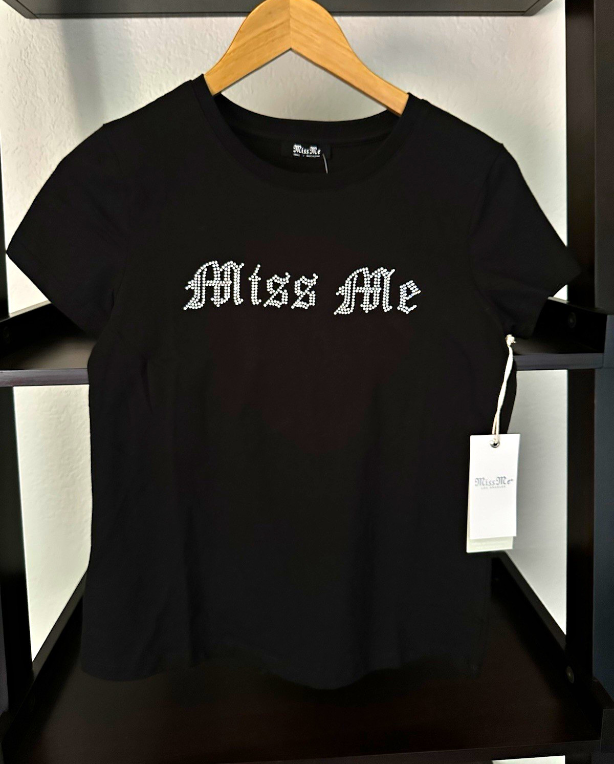 Miss Me Women’s Black Graphic Print Rhinestone Logo Crew Neck T-Shirt S