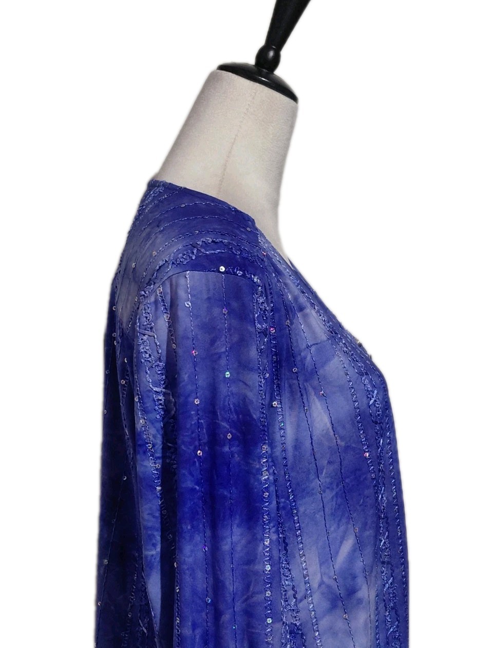 Coral Bay Petite Blue Tie-Dye Embroidered Sequin Top Tie Waist SZ Large Sparkle