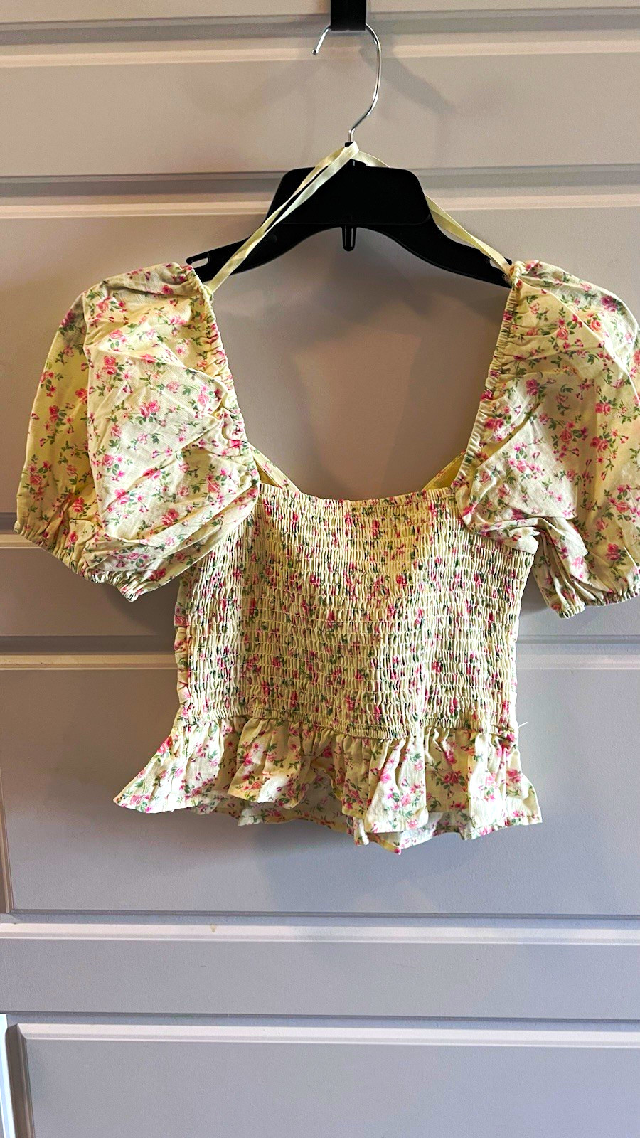 Cotton On Women’s Yellow Floral Square Neck Puff Sleeve Smocked Blouse XS