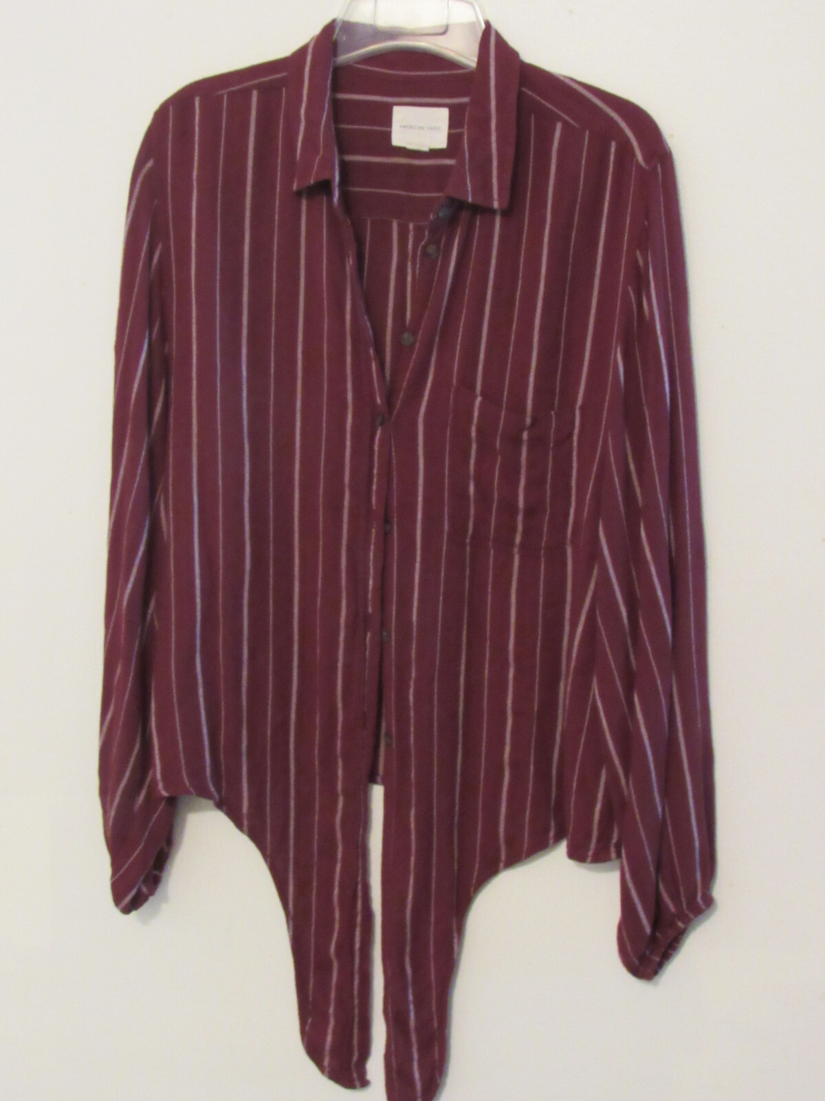 American Eagle Front Tie Crop Blouse Medium Red Stripe Button Up Long Sleeve