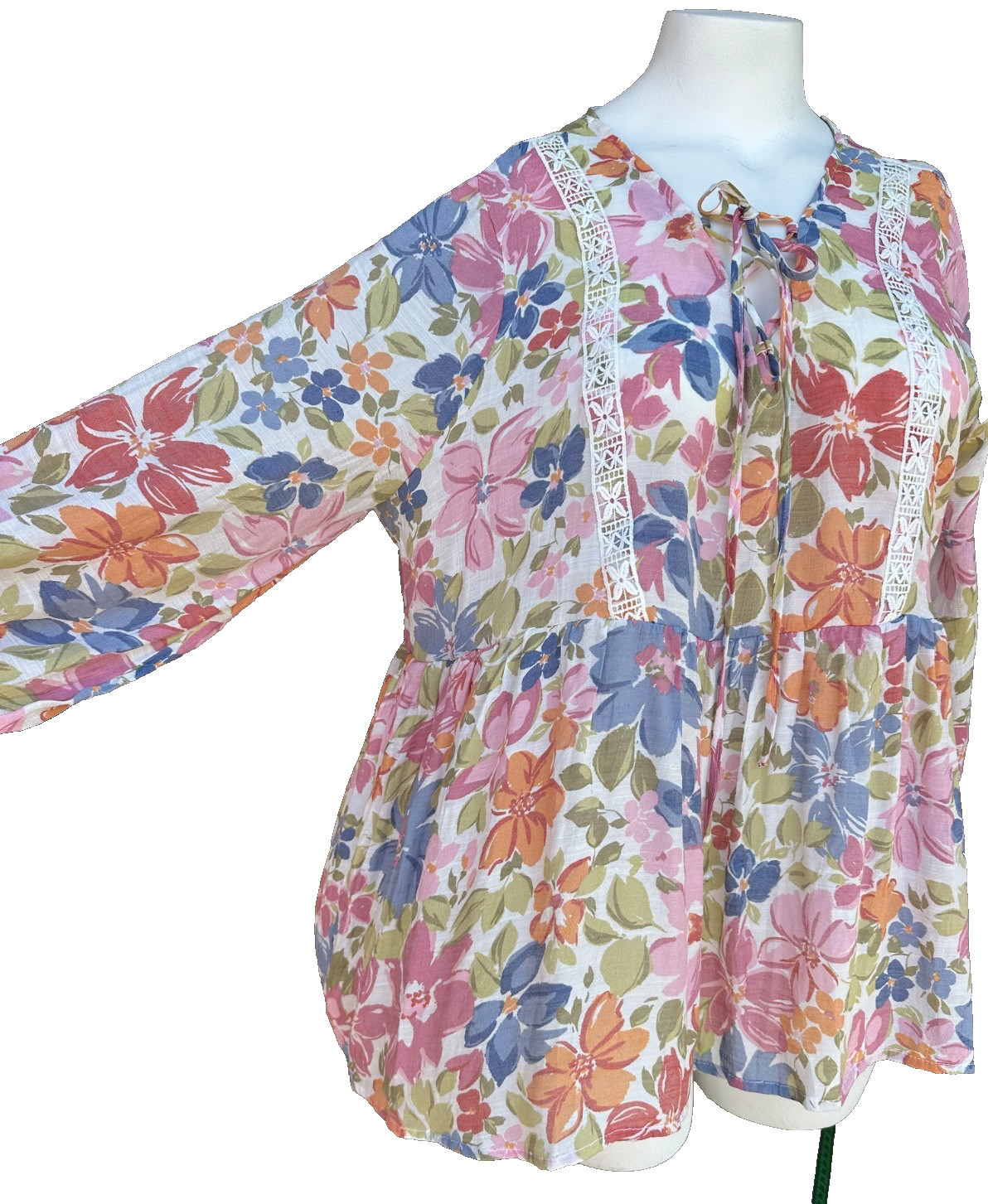 Robert Louis Floral Lace Up Top XL Pink Blue Balloon Sleeve Boho NEW Fairy Cotta