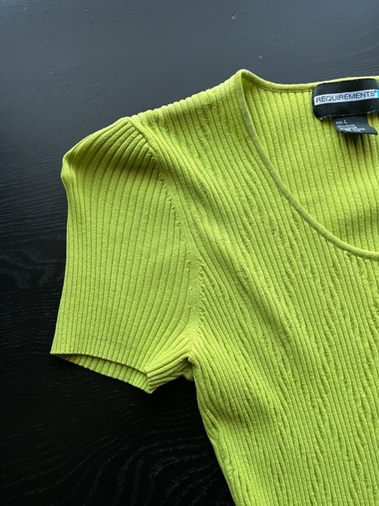 Requirements Size L Vibrant Lime Green Ribbed Knit Top, 65% Rayon / 35% Nylon