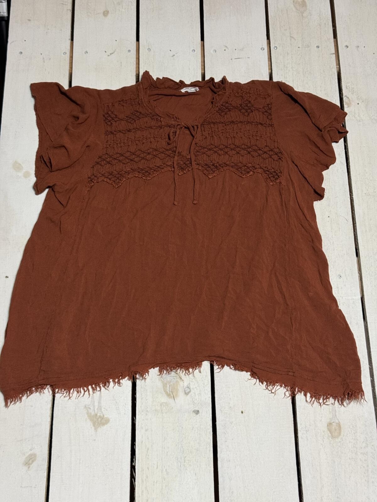 Brown Short Sleeve Bohemian Style Top with Lace Detail