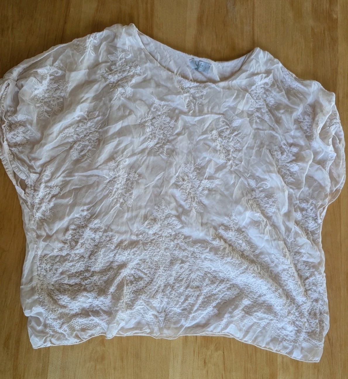 Lagenlook Silk Blend Blouse Large White Embroidered Boho Peasant Top Italy