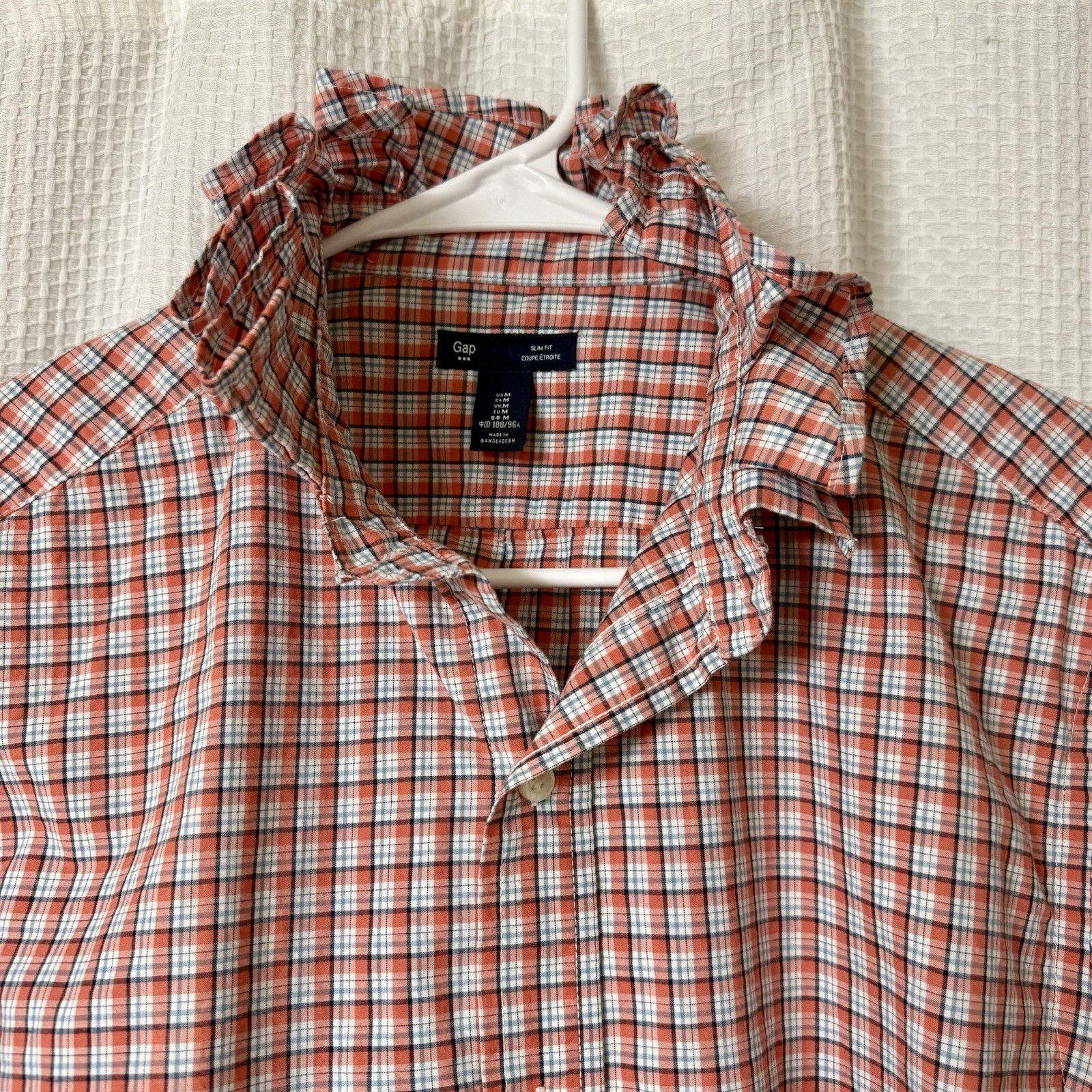 Gap Men’s Dress Shirt Upcycled Into Women’s Blouse W/ Ruffle M Slim Fit RedPlaid