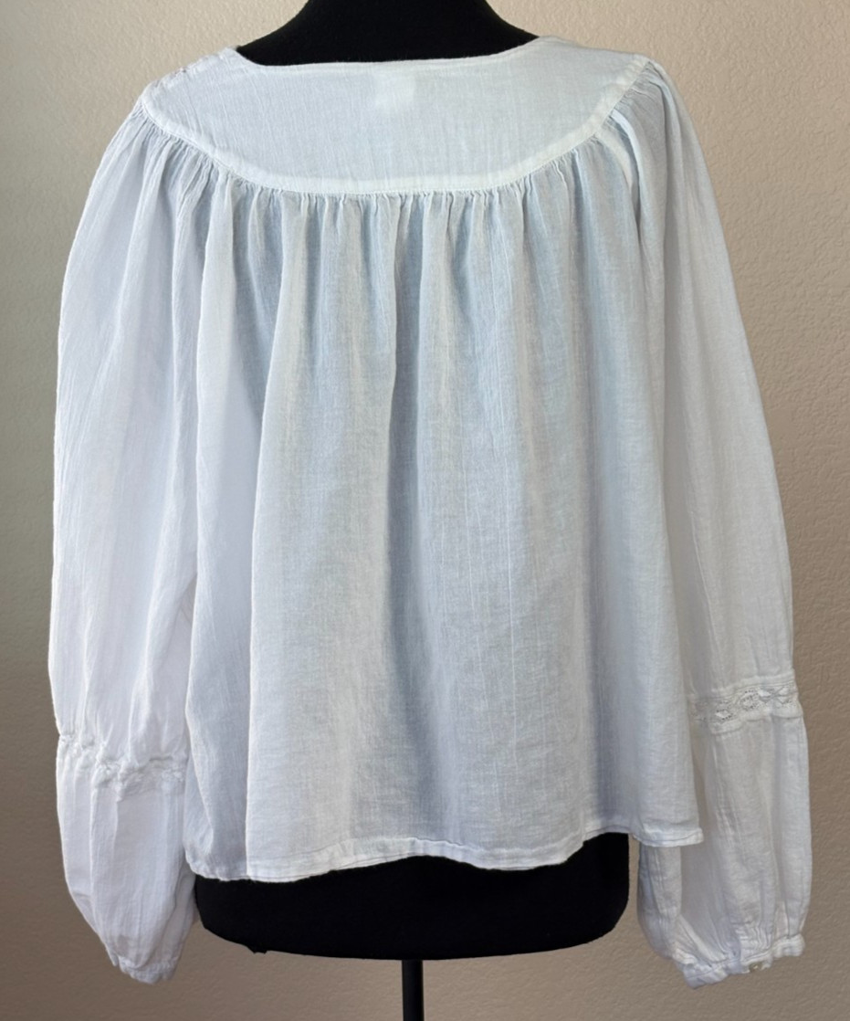 Women’s White Cotton Peasant Blouse XL Boho Balloon Sleeve Lace Trim Cottage