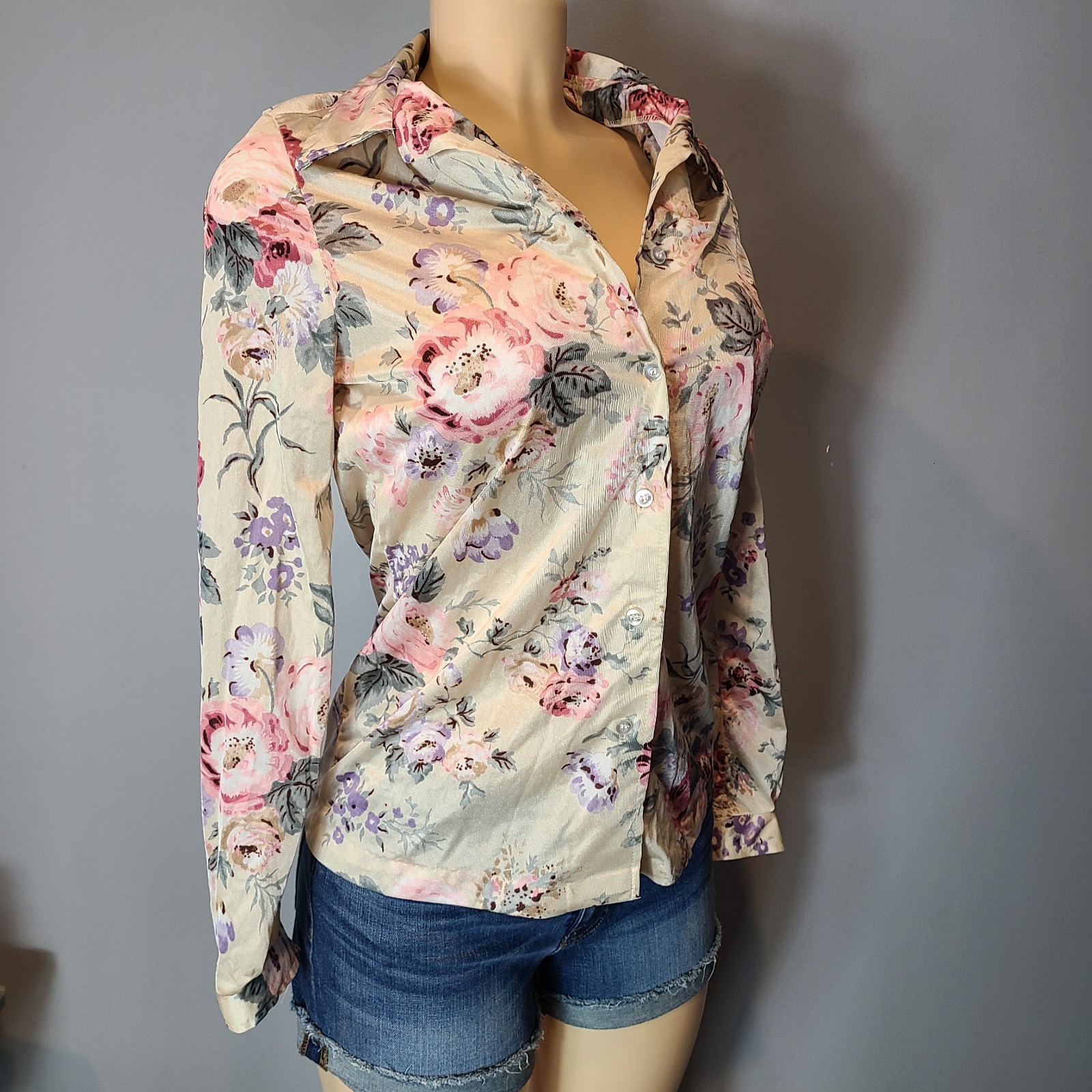 Vtg Silky Boho Cottage Floral Art Poet Blouse Womens Sz M Floral Satin Festival