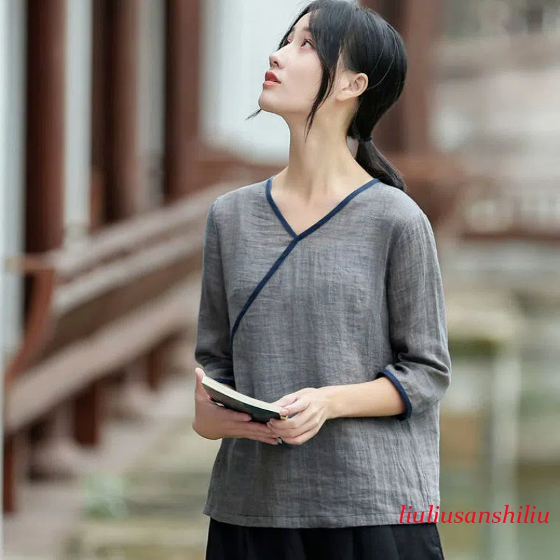 Women Ethnic Half Sleeve Top V-neck Hanfu Shirt Blouse Retro Tang Suit Summer