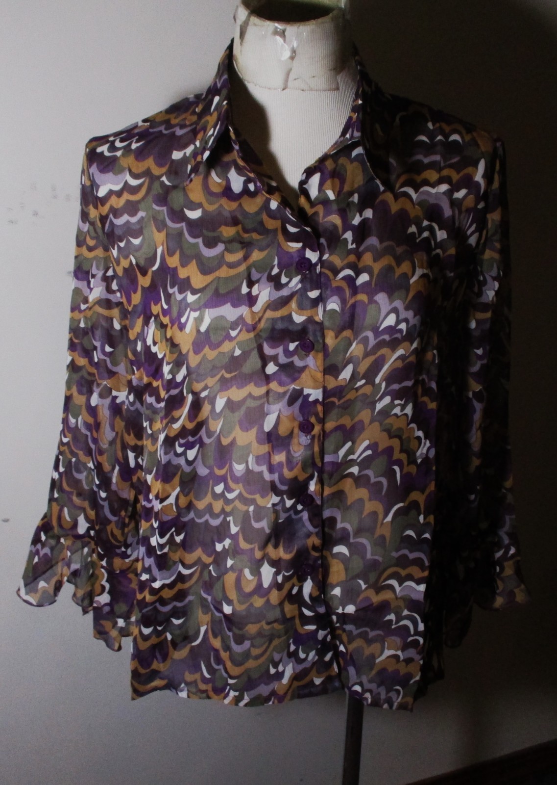 MANDY Purple Brown 3/4 Sleeve Sheer Paisley Blouse Women’s Size L NWT