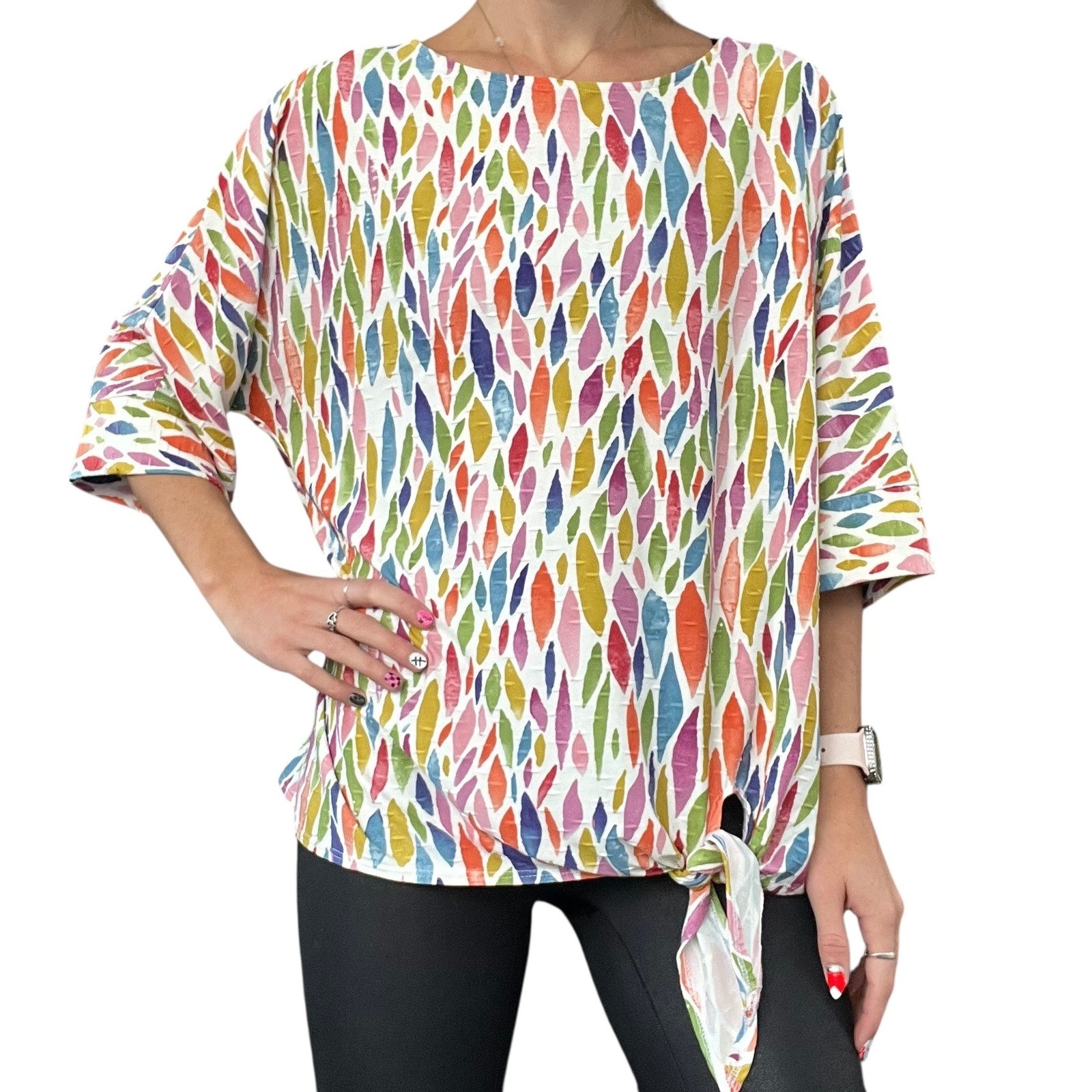 PURE ESSENCE Womens S Multicolor Abstract Pattern Tie Front Dolman Sleeve Blouse