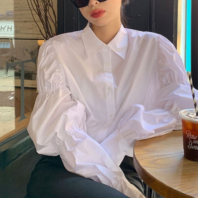 Women Puff Sleeve Shirt White Button Front Collar Top Casual Office Blous