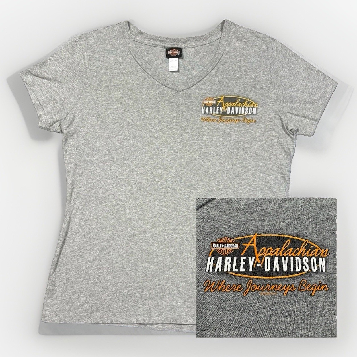Sz L- Harley Davidson Appalachian double-sided logo t-shirt women’s heather gray