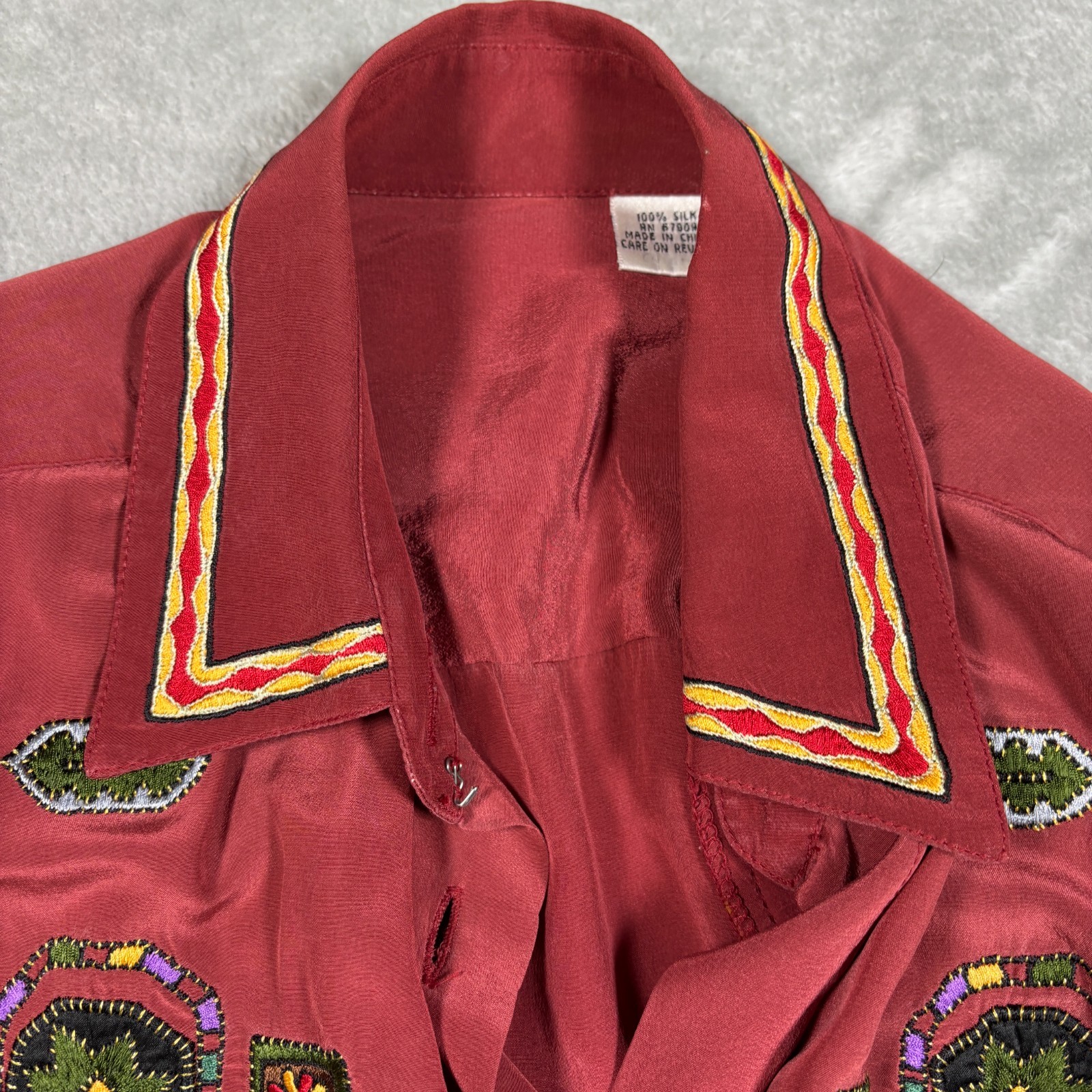 Vintage Western Shirt Womens 8 Red Silk Embroidered Boho Southwest Cowgirl 80s