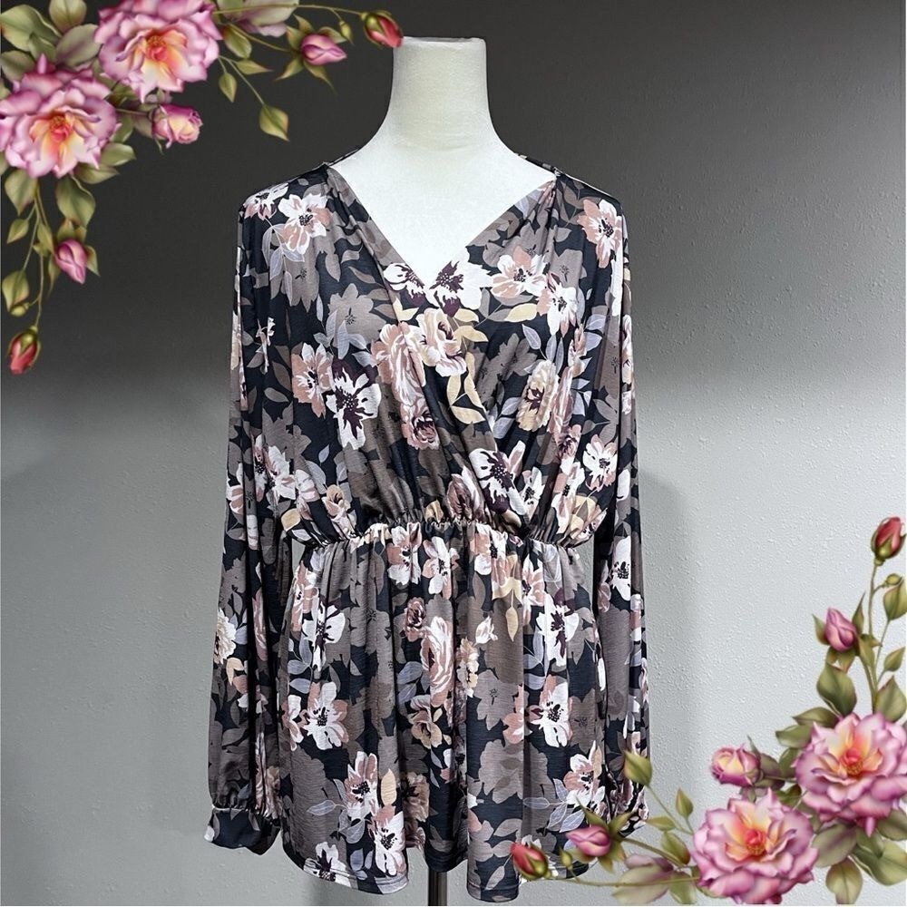 Long sleeve fake wrap floral blouse