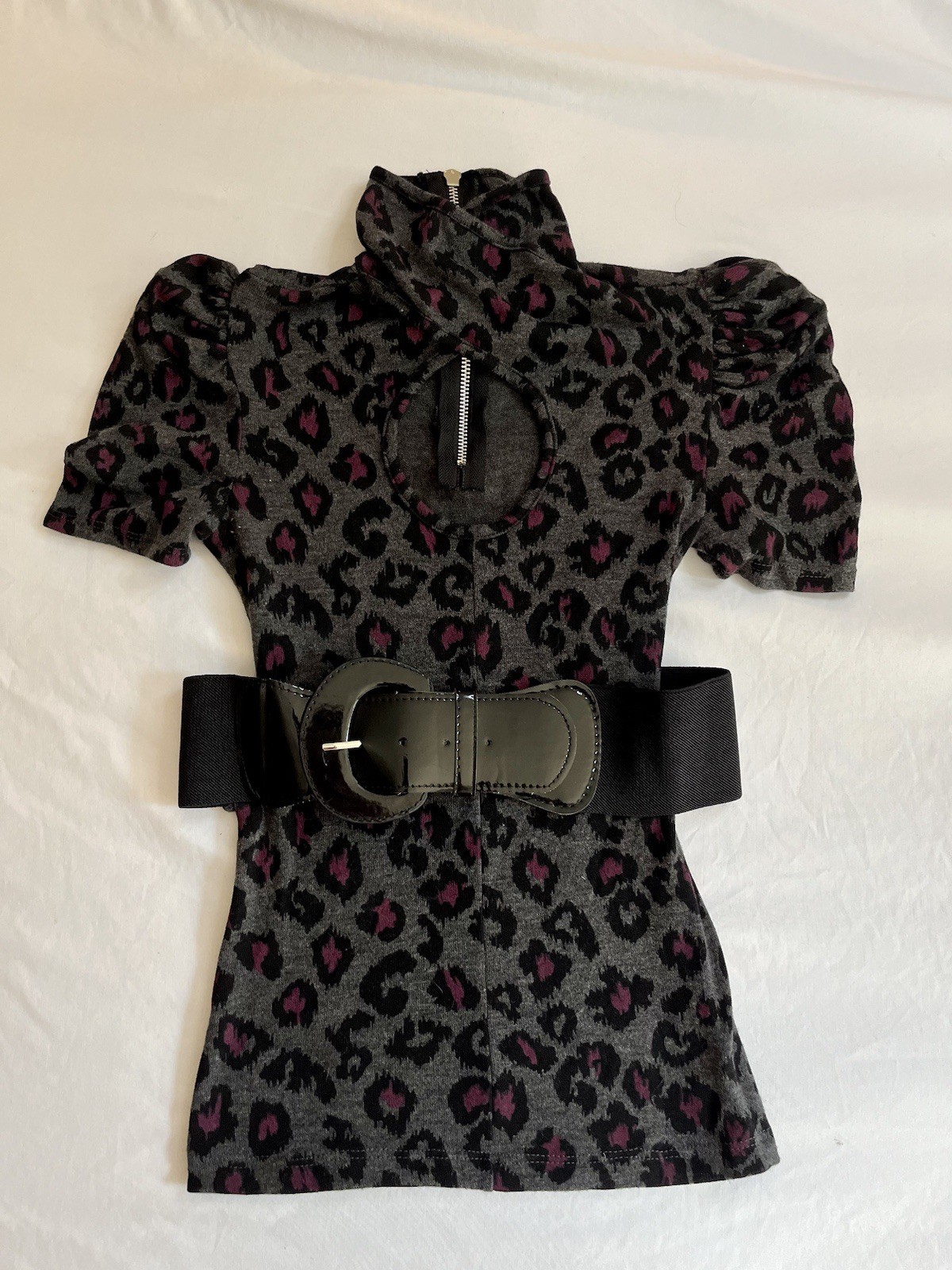 Y2K Club Going Out Shirt Sexy Mock Neck Key Hole Leopard Print Belted Top SMALL