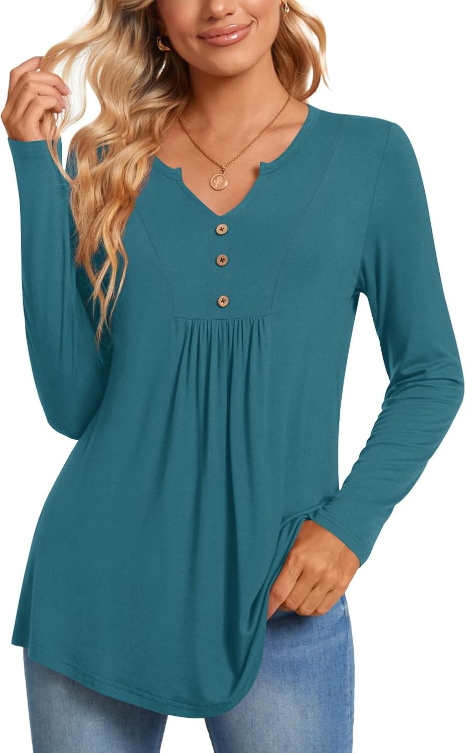 Womens Long Sleeve Tops Henley Shirt V-neck Down Blouse Casual Pleated Pullover