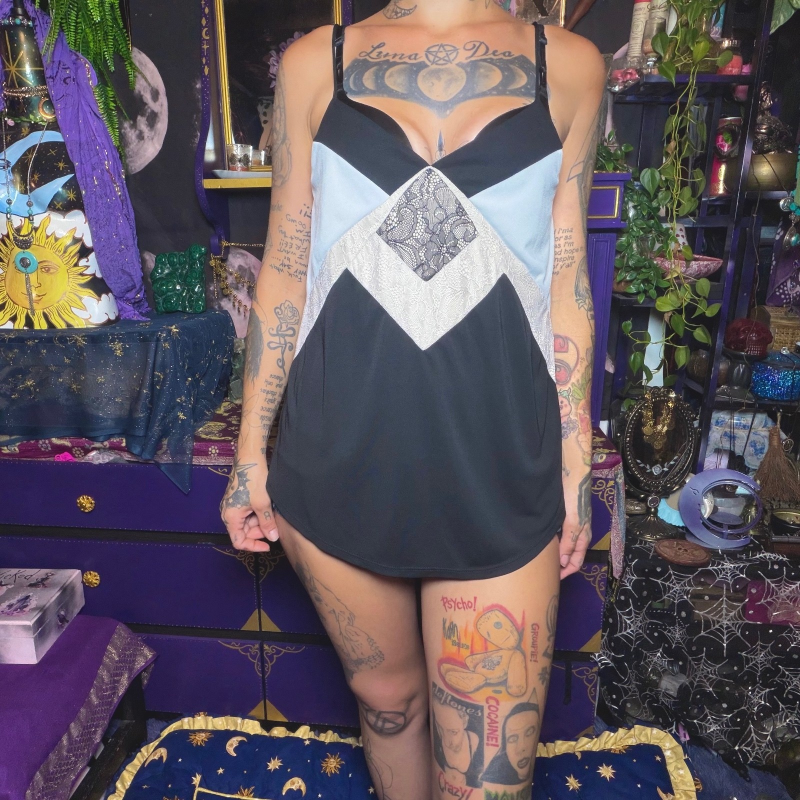 Express Y2k Black White Geometric Lace Detail Tank Top Spaghetti Strap Size Med