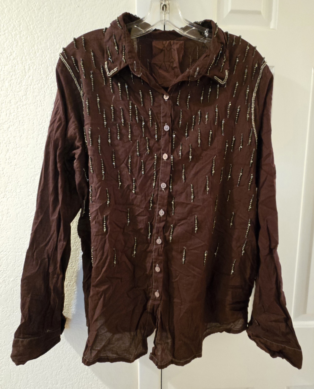 JOHNNY WAS PETE & GRETA PURPLE BUTTON DOWN CRYSTALS BEADED BLOUSE SHIRT – LARGE