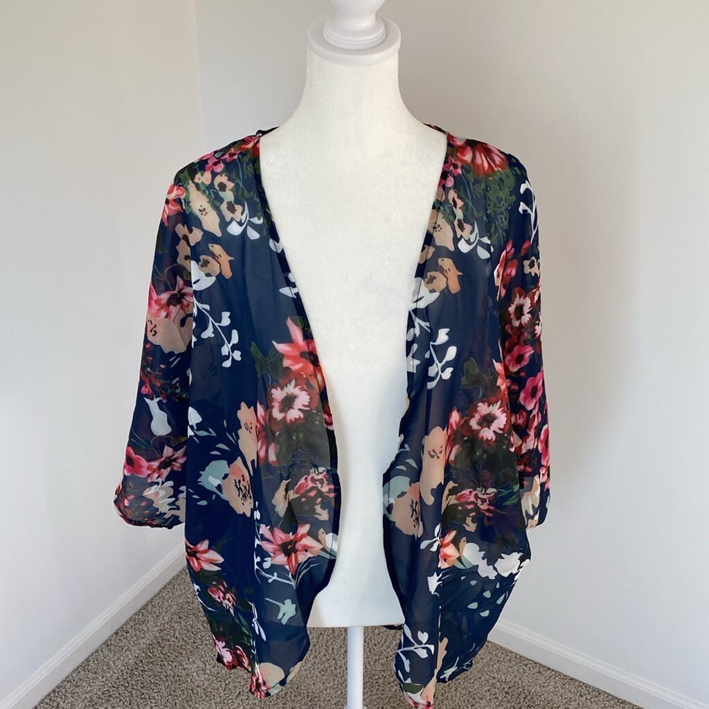 Blue Floral Kimono Cardigan One Size | Lightweight Boho Layer