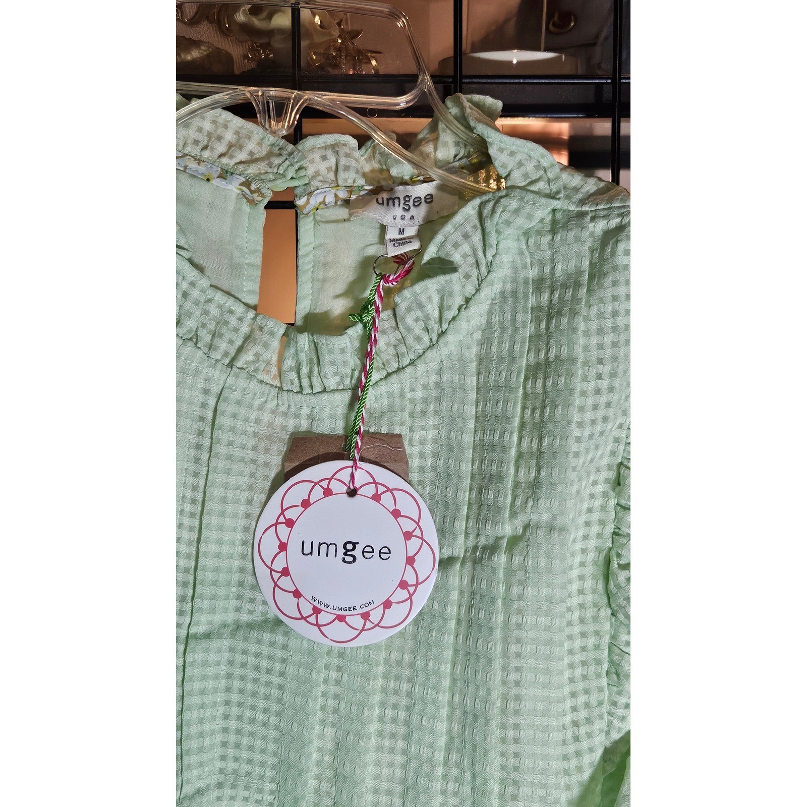 Umgee USA Light Green Gingham Ruffle Sleeve Blouse Top Medium NWT
