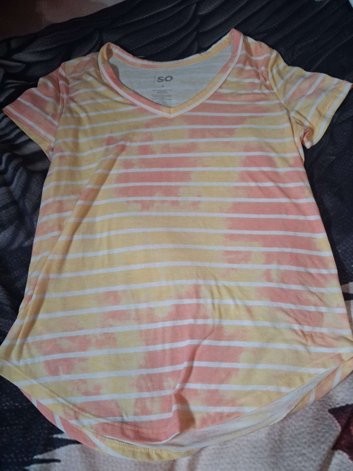 S.O. Womens Pink&Yellow, TyeDye Pattern,Striped,V-neck,Tunic Style Shirt Size S
