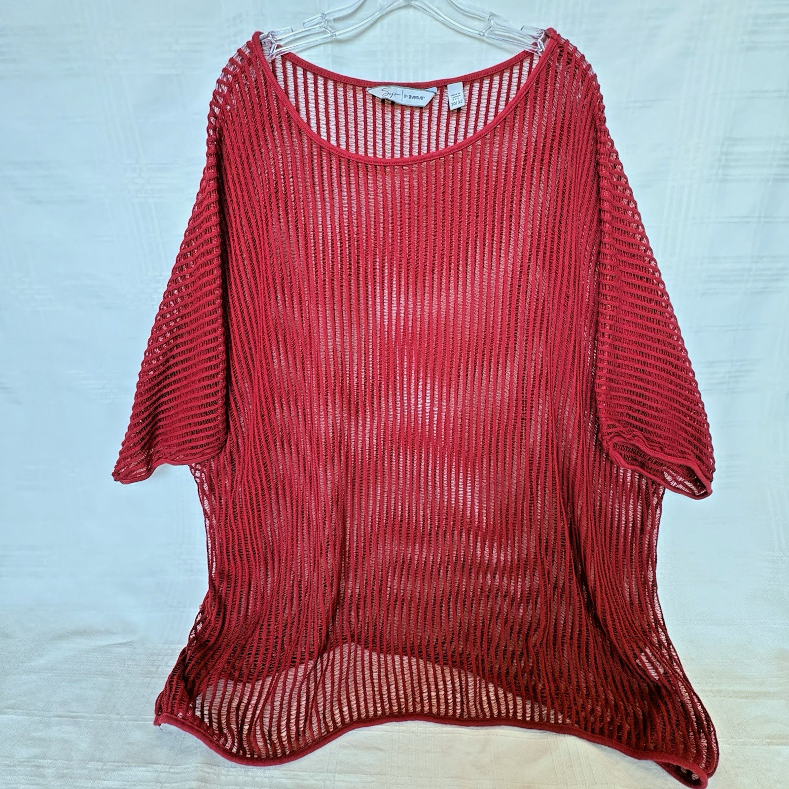 Soft By Avenue Womens Red Open Knit Sheer Mesh 3/4 Sleeve Pullover Shirt 30/32