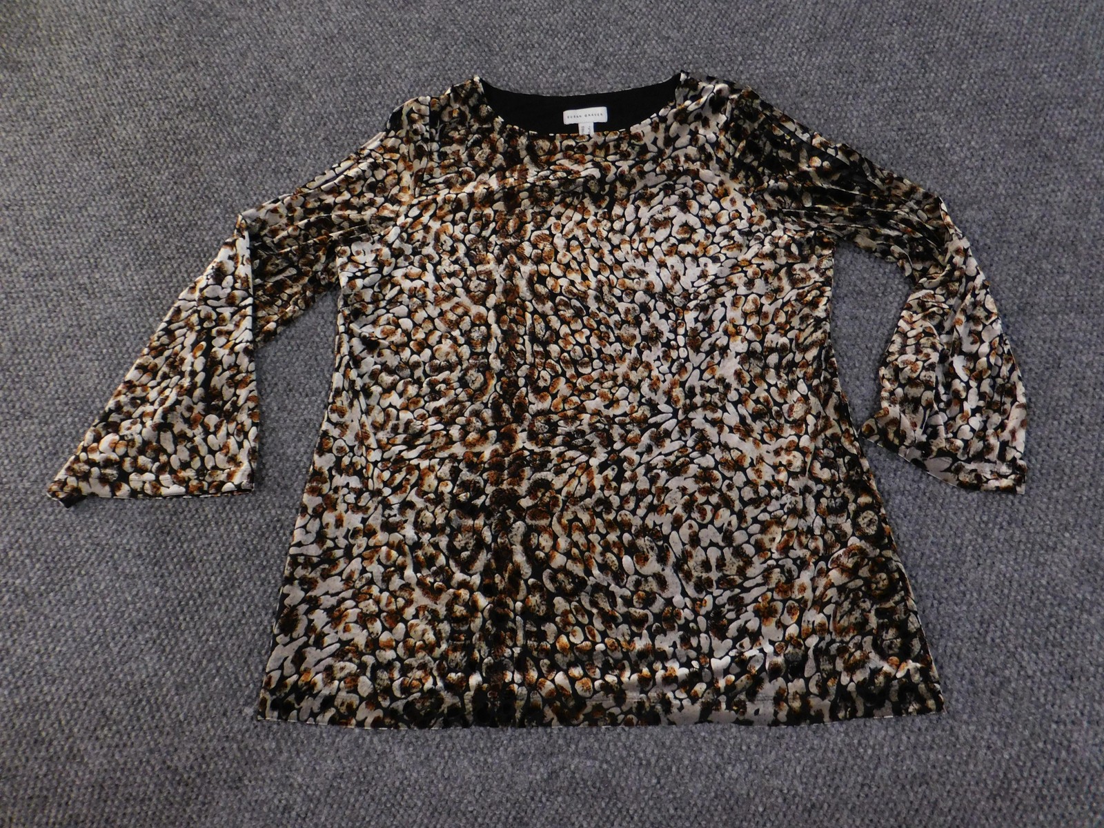 Susan Graver Shirt Womens Large Brown Leopard Velvet Bell Sleeve Lined Stretch