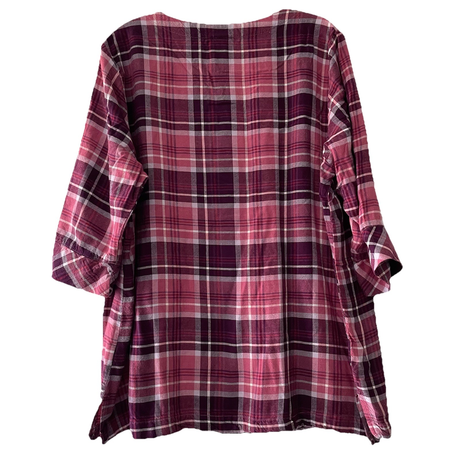 Blair Women Large Flannel Tunic Top Pink Burgundy Plaid Lightweight Boho Pocket