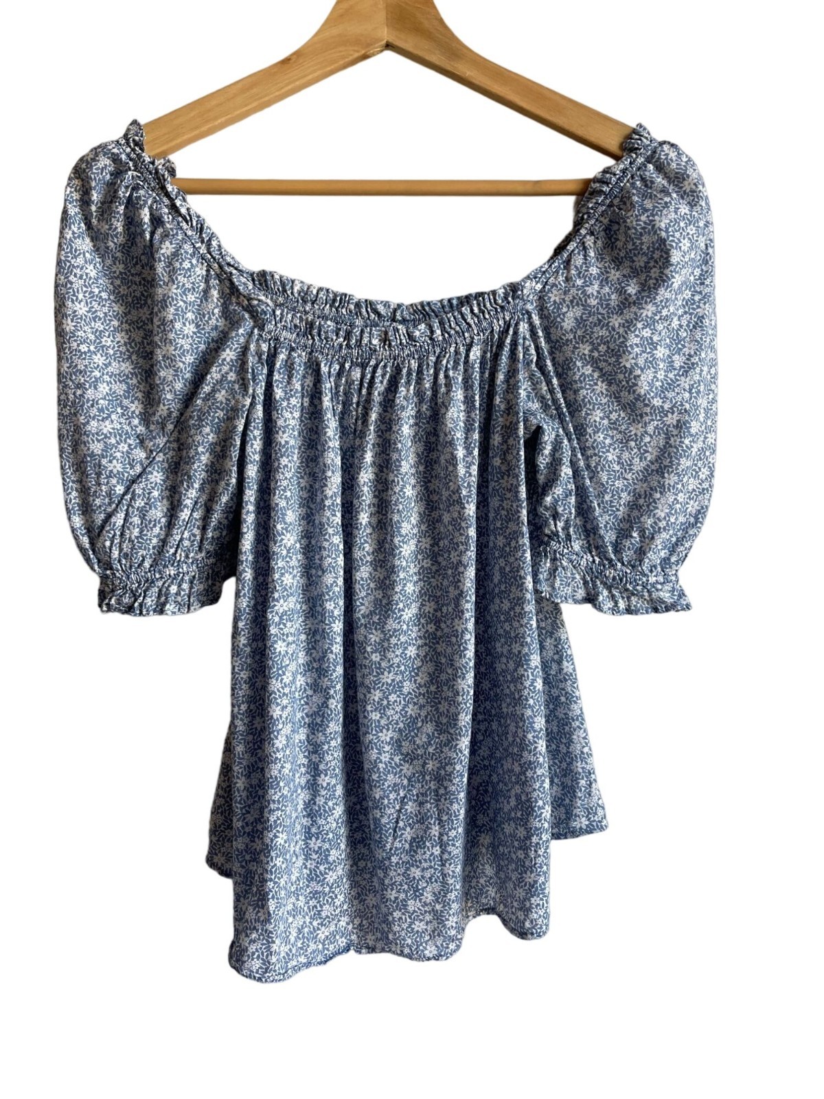 & Other Stories Frilled Puff Sleeve EU 34/XS Blue White Floral Peasant Blouse To