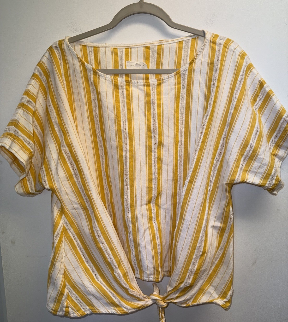 Lou & Grey Blouse Tie Front Short Sleeve Yellow White Stripe Gauze Cotton Large