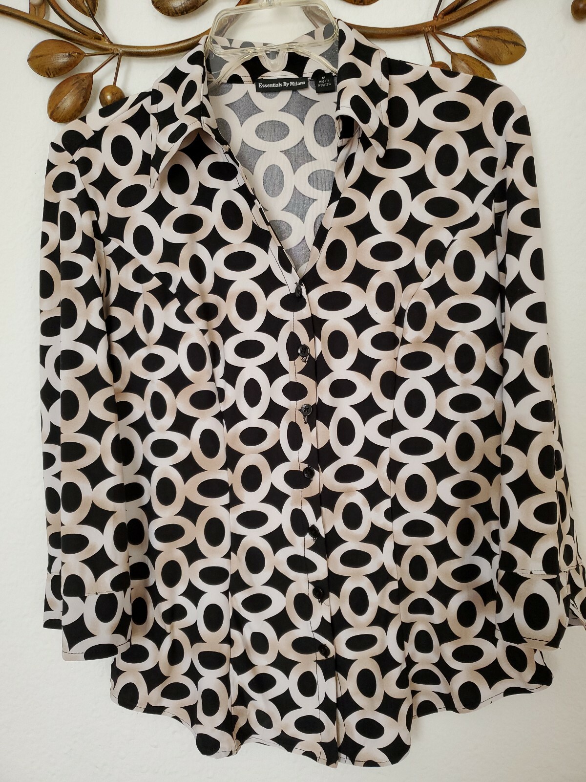 Ivory Black Button up Blouse Top by Essentials By Milano M