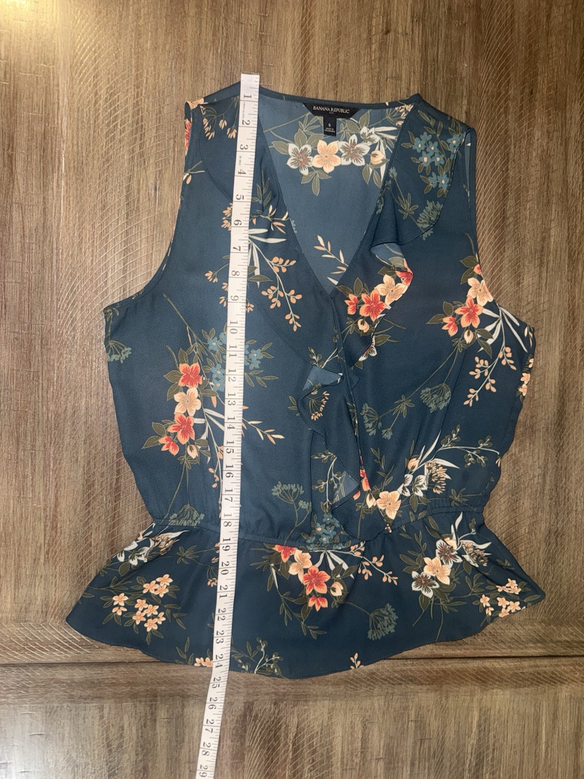 Banana Republic Sleeveless Floral Peplum Blouse Dark Teal Wrap Front Size Small