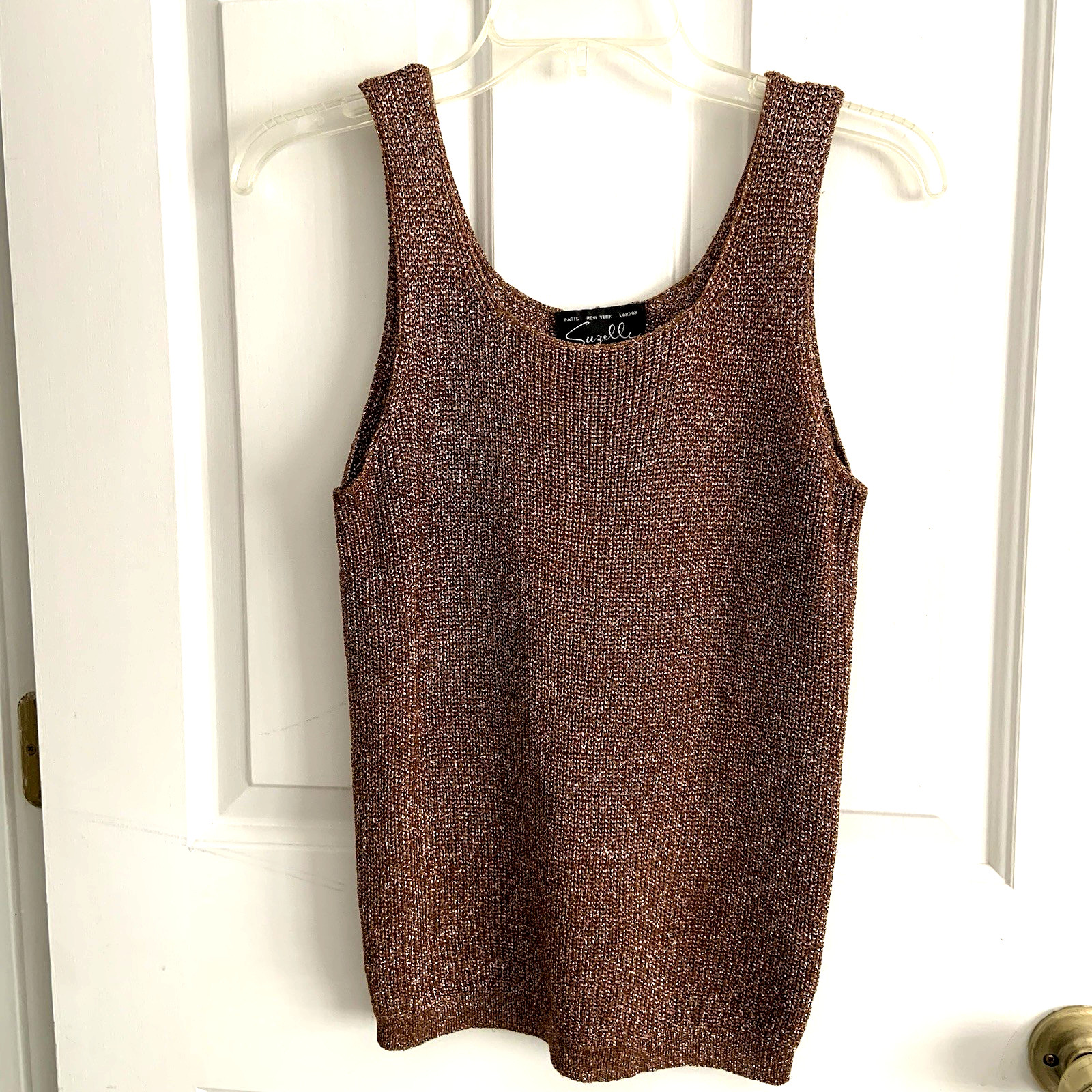 Vintage Suzelle Tank Top Womens sz M Gold Bronze Metallic Knit Glam Party Disco
