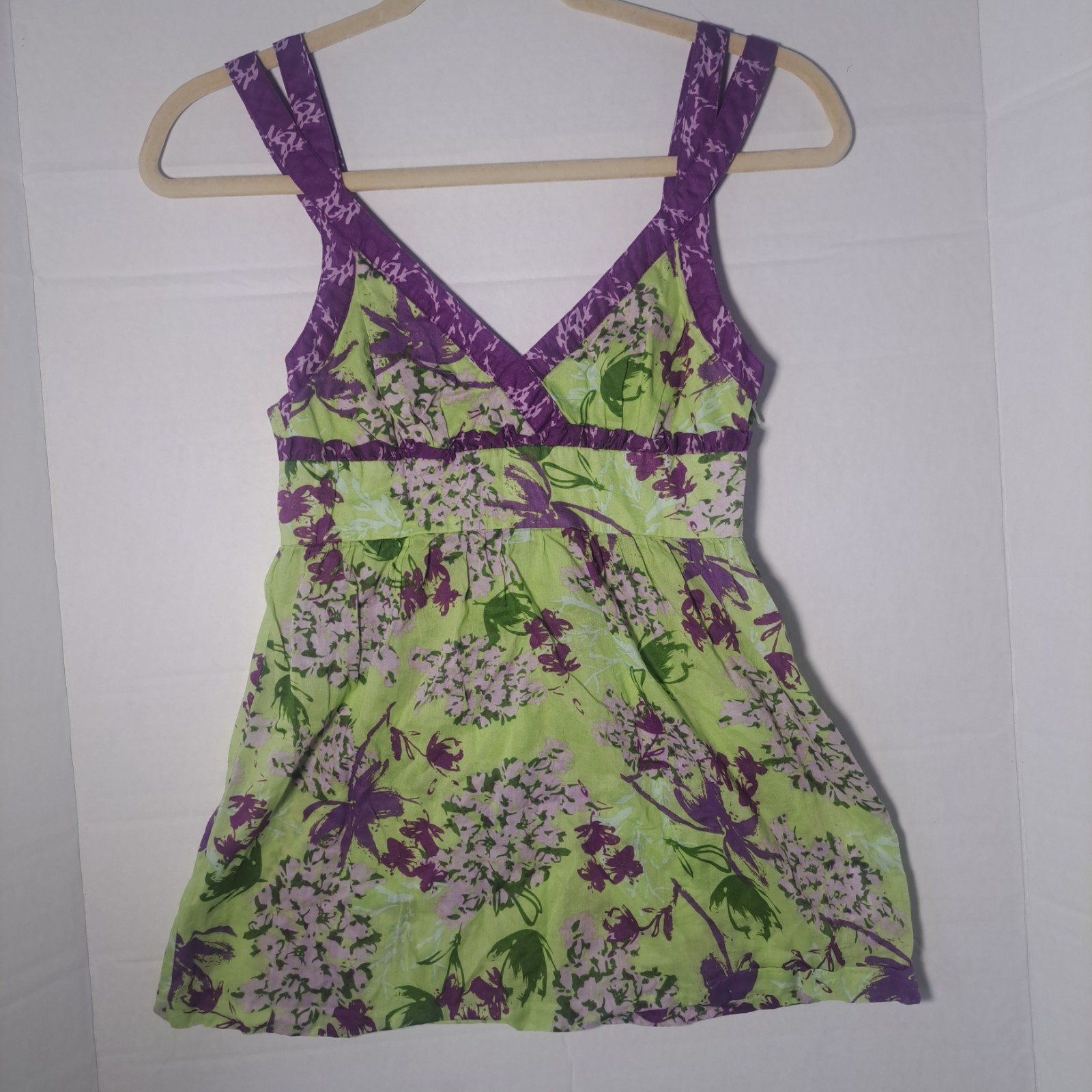 Kensie Y2K Green & Purple Floral Babydoll Top Criss Cross Straps Side Zip Sz XS