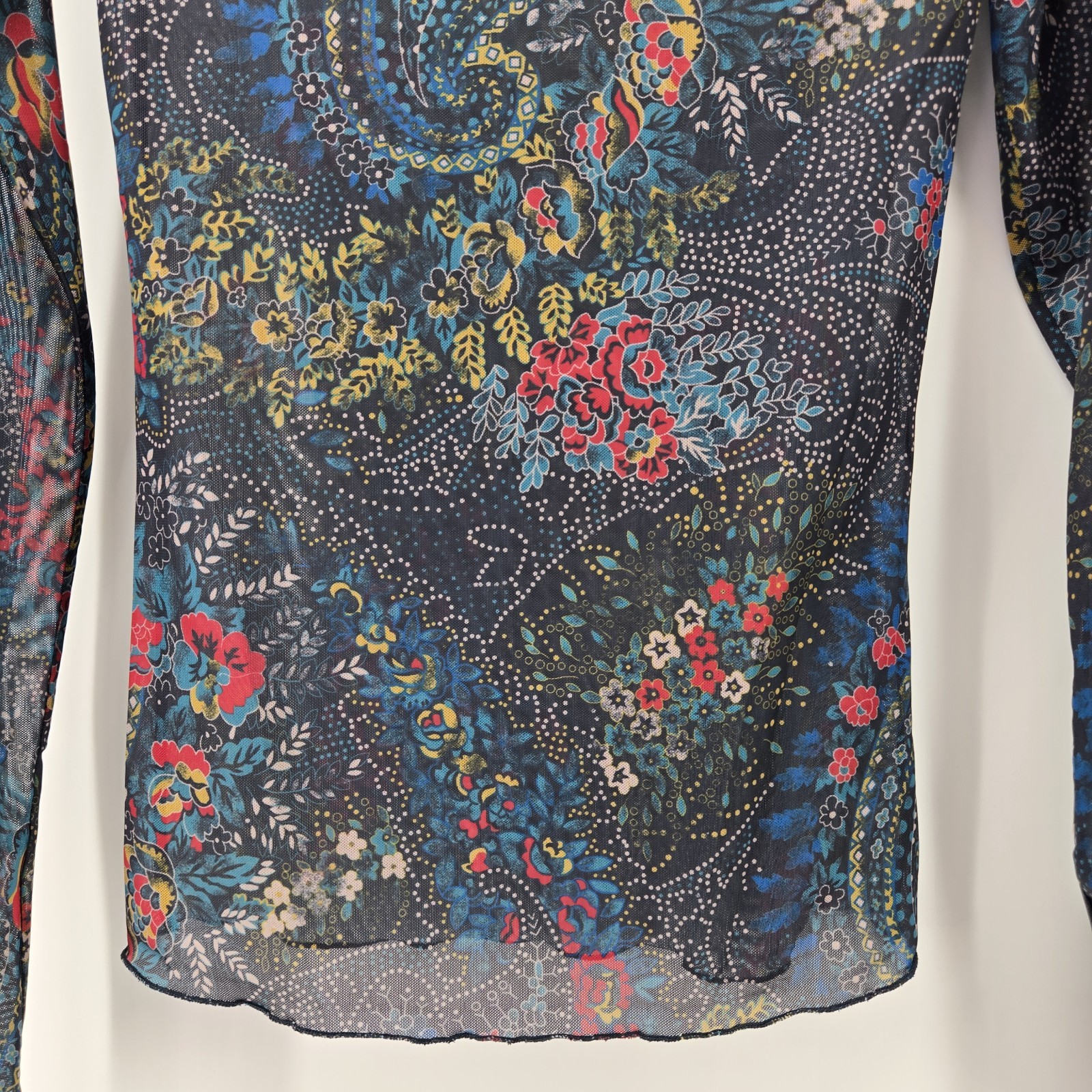Natural Life Sheer Mesh Top Women’s M Long Sleeve Floral Paisley Boho Colorful