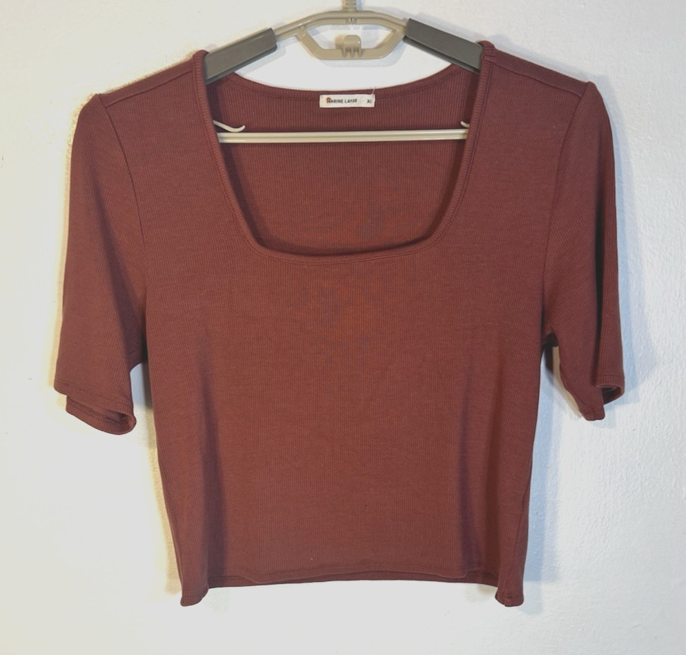 Marine Layer SizeXL Rust Ribbed Stretch Square Neck Half Sleeve Lexi Slight Crop