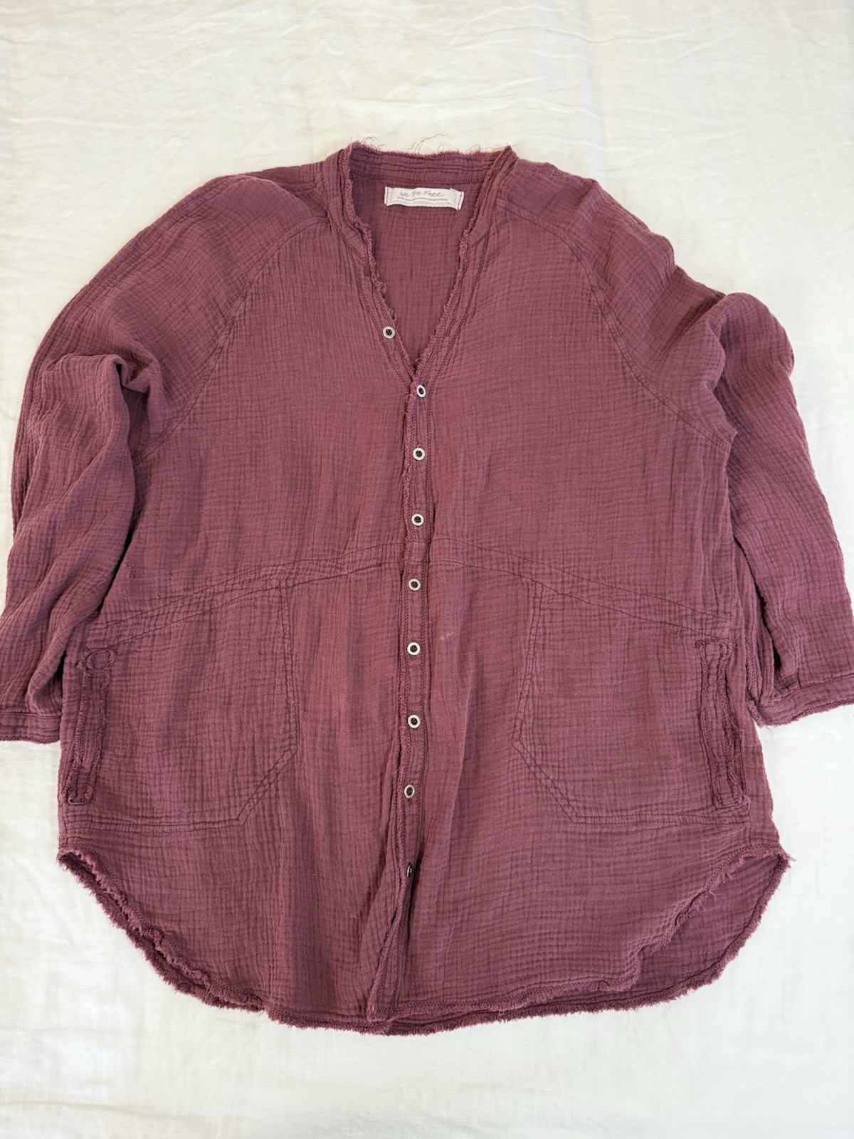 Free People Gauzy Cotton Snap Front Utility Blouse Burgundy XS We The Free