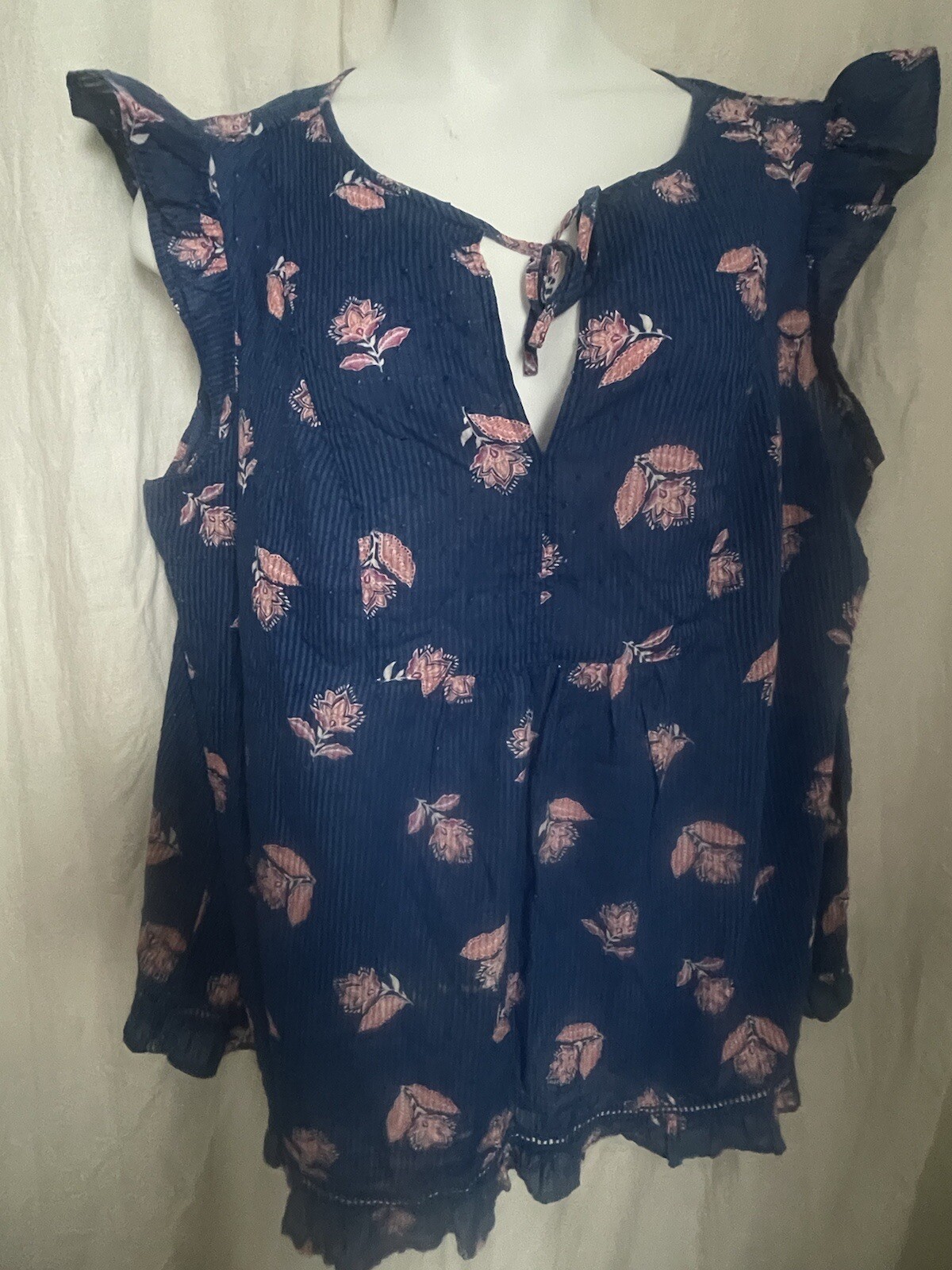 JOE FRESH Blouse Blue Pink Floral Gaze Sleeveless Ruffle Tie Neck Pullover 2X
