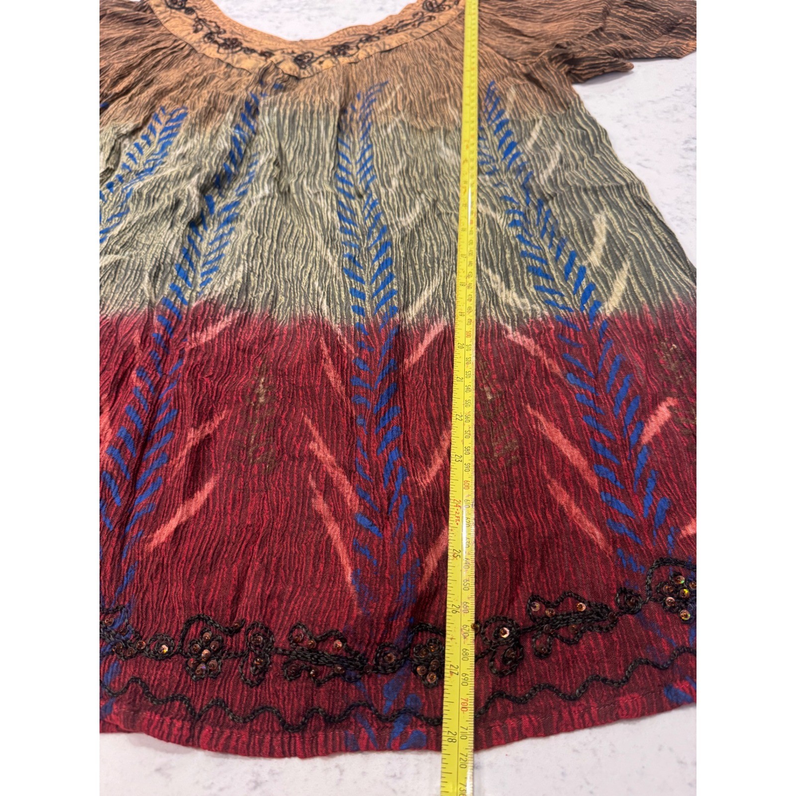 Greater Good Women Boho Crinkle Rayon Tunic Top Earth Tone Embroidered Beaded OS