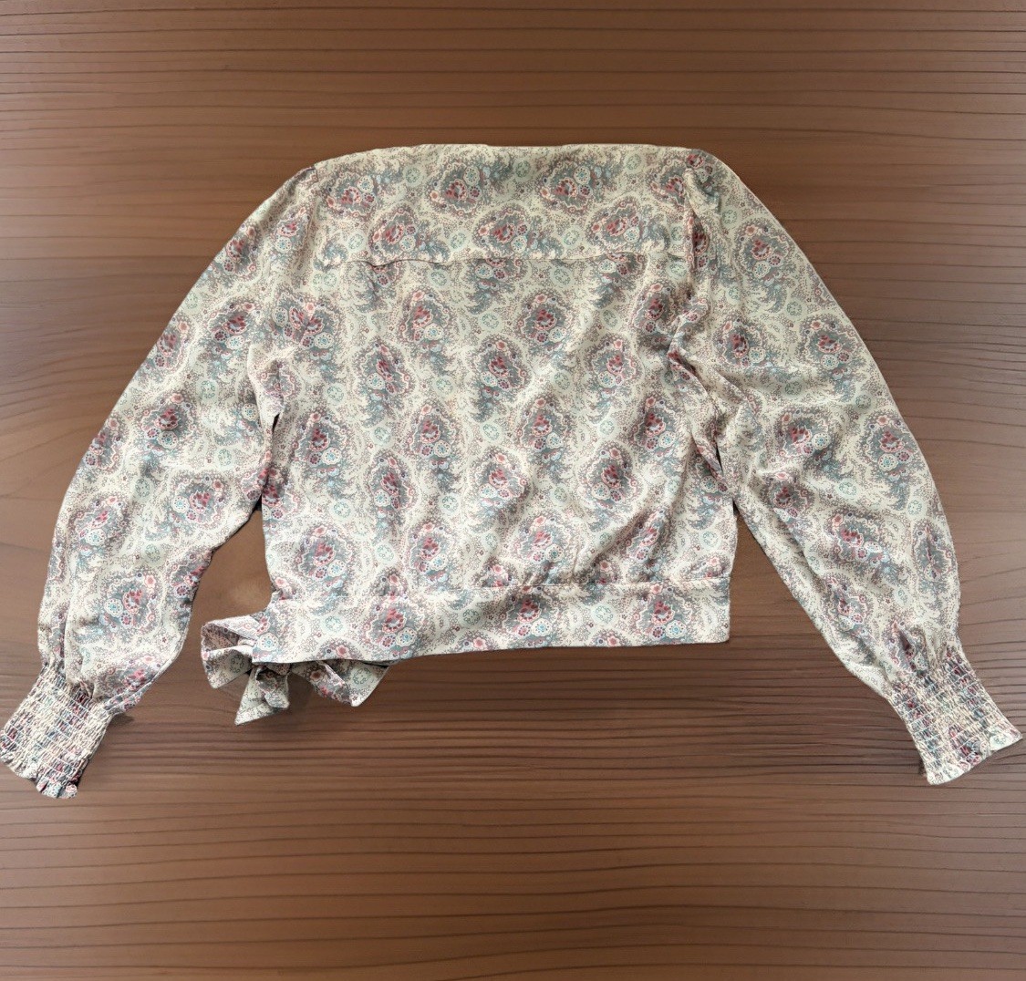 PAIGE Blouse Womens Small Ivory Pink Sheer Paisley Margherita Tie Waist Peasant